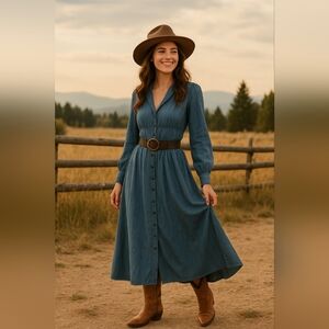 Forenza Denim Maxi‎ Dress Size 10 Romantic Western Jean ShirtDress Button Front